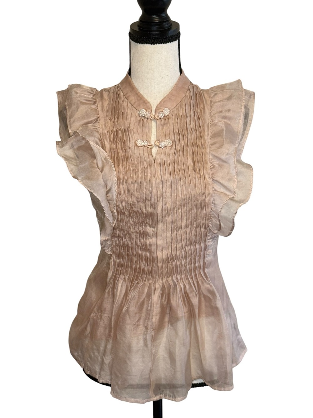 Sleeveless Pintuck Ruffle Blouse - Pale Blush